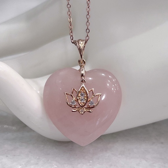 Jewelry - Galilea Rose Quartz White Zircon 14K RG Sterling Silver Lotus On Heart Necklace